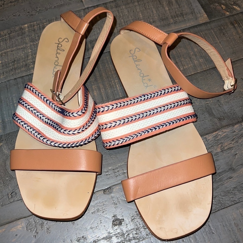 Splendid Women Tan Leather Woven Braided Ankle Strap Flat Sandals‎ Size 9M